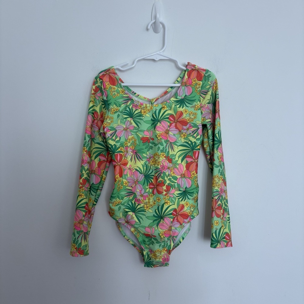 Art Class Girls One Piece Swimsuit Small 6/7 Lime Green Pink Floral Tropical